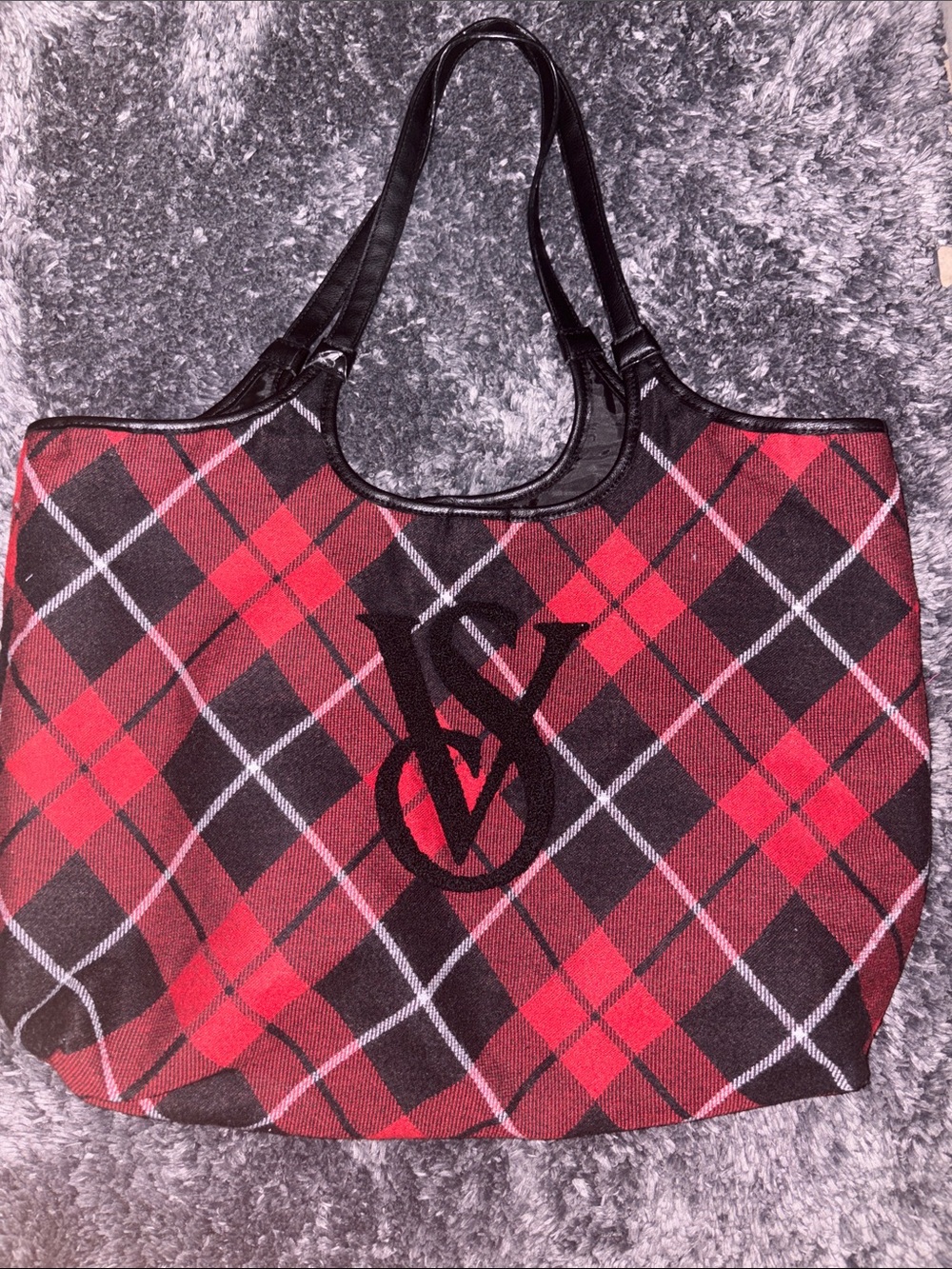 Victoria's Secret Red and Black Plaid Tote with Monogram
